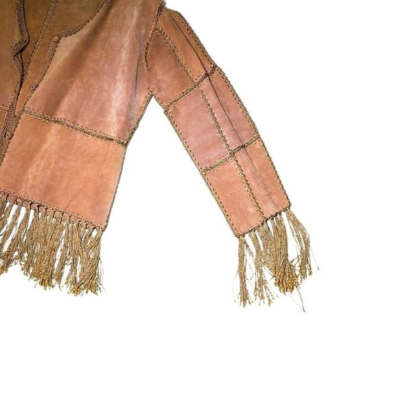 Vintage 90s Y2K Mall Goth Grunge Brown Kroshetta by Papillon Fringe Jacket Rare - Picture 6 of 8